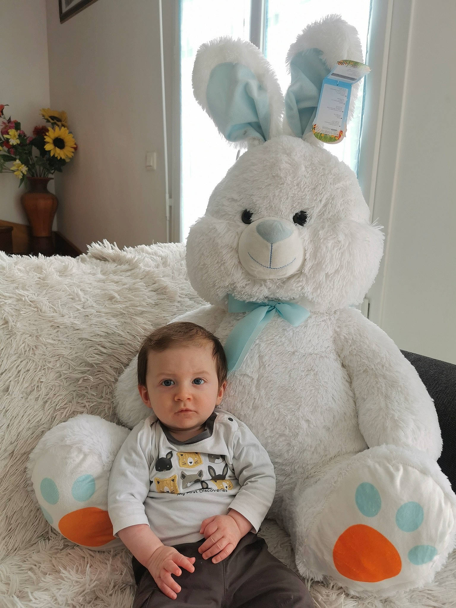 Lyam participe au concours pour gagner de l'argent avec cette photo : baby, baby_toddler_clothing, child, comfort, couch, eye, happy, head, mammal, people, person, photograph, rabbit, skin, stuffed_toy, textile, toddler, toy, vertebrate, white