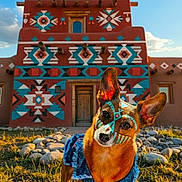 Bear Bear is registered to the contest to win money with this photo: adobe_building, animal, blue_sky, colorful, cute, denim_vest, dog, door, ears_up, face_paint, geometric_design, grass, outdoor, patterned, pet, portrait, rocks, sunlight, tribal_pattern, window