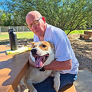 Buddy Boy is registered to the contest to win money with this photo: man, dog, outdoor, picnic_table, glasses, white_shirt, jeans, sunlight, trees, grass, happy_dog, embrace, pet, nature, daylight, bench, smile, leash, fence, shade