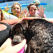 Blackjack is registered to the contest to win money with this photo: woman, dog, pool, children, swimming, water, smile, peace_sign, high_five, ball, sunny, float, relaxing, summer, outdoor, family, happy, wet, black_dog, casual