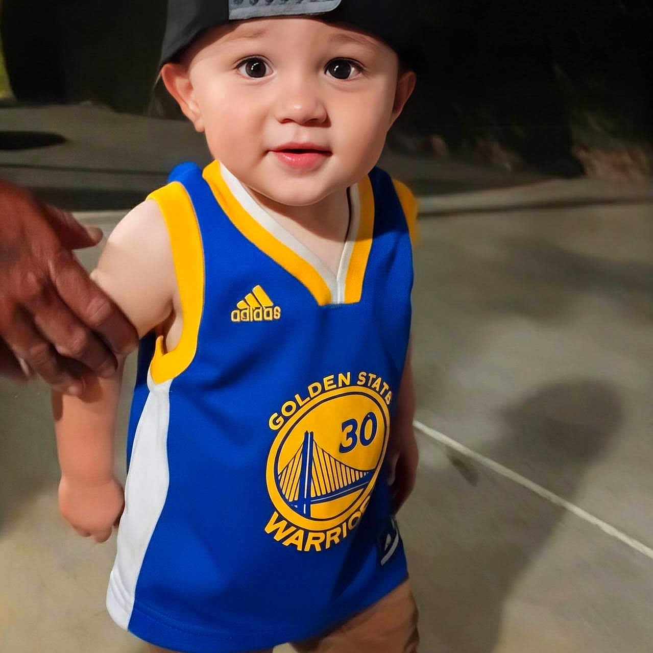 Marcelino joined the competition — help win amazing prizes! child, toddler, basketball, basketball_jersey, sportswear, warriors, cap, backward_cap, smiling, portrait, standing, indoor, court, sports_court, adult_hand, fashion, blue, yellow, athletic, fan