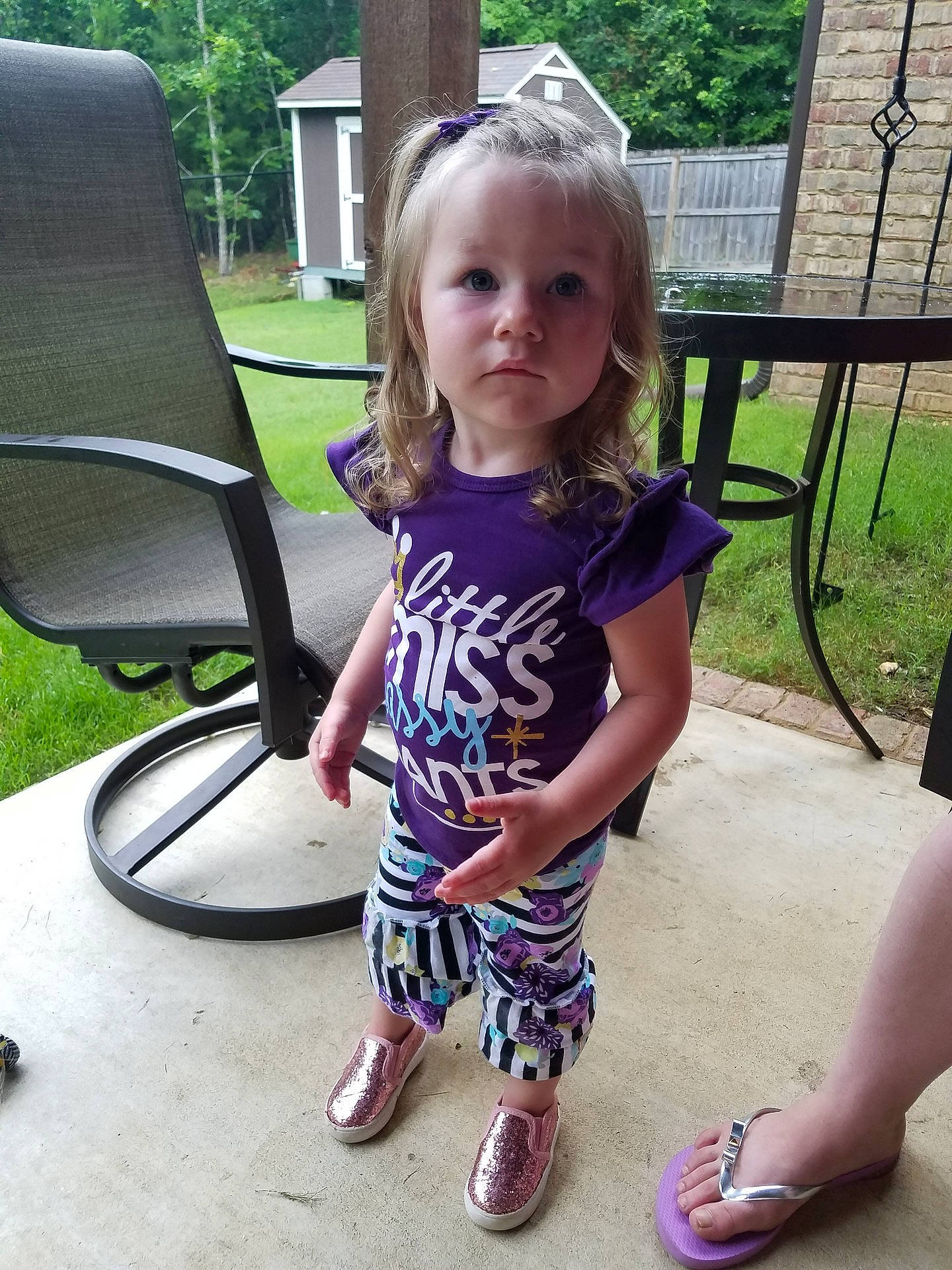Rowyn joined the competition — help win amazing prizes! baby_products, child, day, fun, girl, hair, jeans, leg, pattern, play, product, purple, shorts, sitting, smile, summer, toddler, vacation
