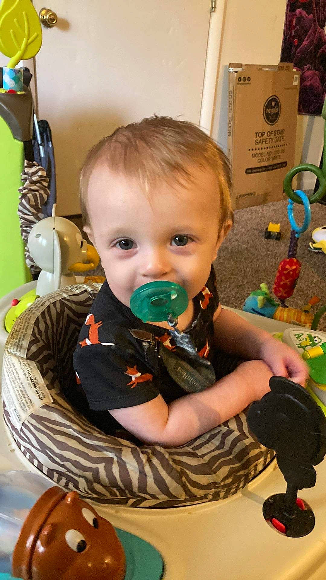 Broly is registered to the contest to win money with this photo: baby, baby_products, baby_toddler_clothing, baby_toys, chair, cheek, child, eye, flooring, fun, green, holiday, iris, person, play, room, sitting, toddler