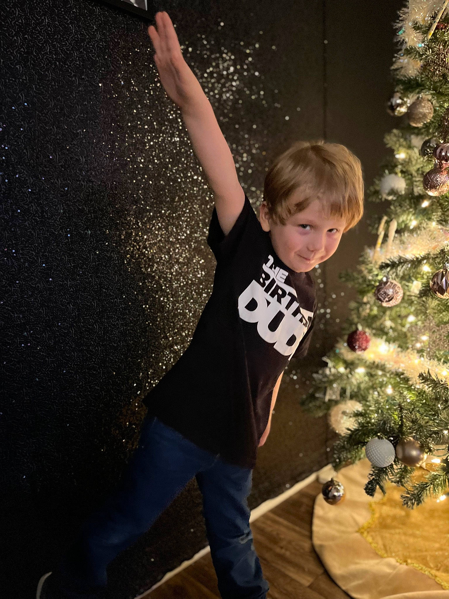 Creedence is registered to the contest to win money with this photo: child, christmas, christmas_decoration, christmas_ornament, christmas_tree, conifer, event, flash_photography, fun, gesture, happy, holiday, holiday_ornament, jeans, ornament, people_in_nature, person, t_shirt, toddler, tree