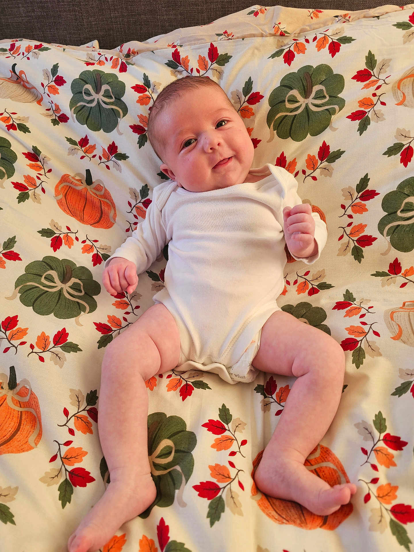 Isabella joined the competition — help win amazing prizes! baby, infant, onesie, smile, face, legs, arms, blanket, pumpkin, leaf_pattern, autumn, cute, child, person, skin, lying_down, indoors, happy, chubby, comfortable
