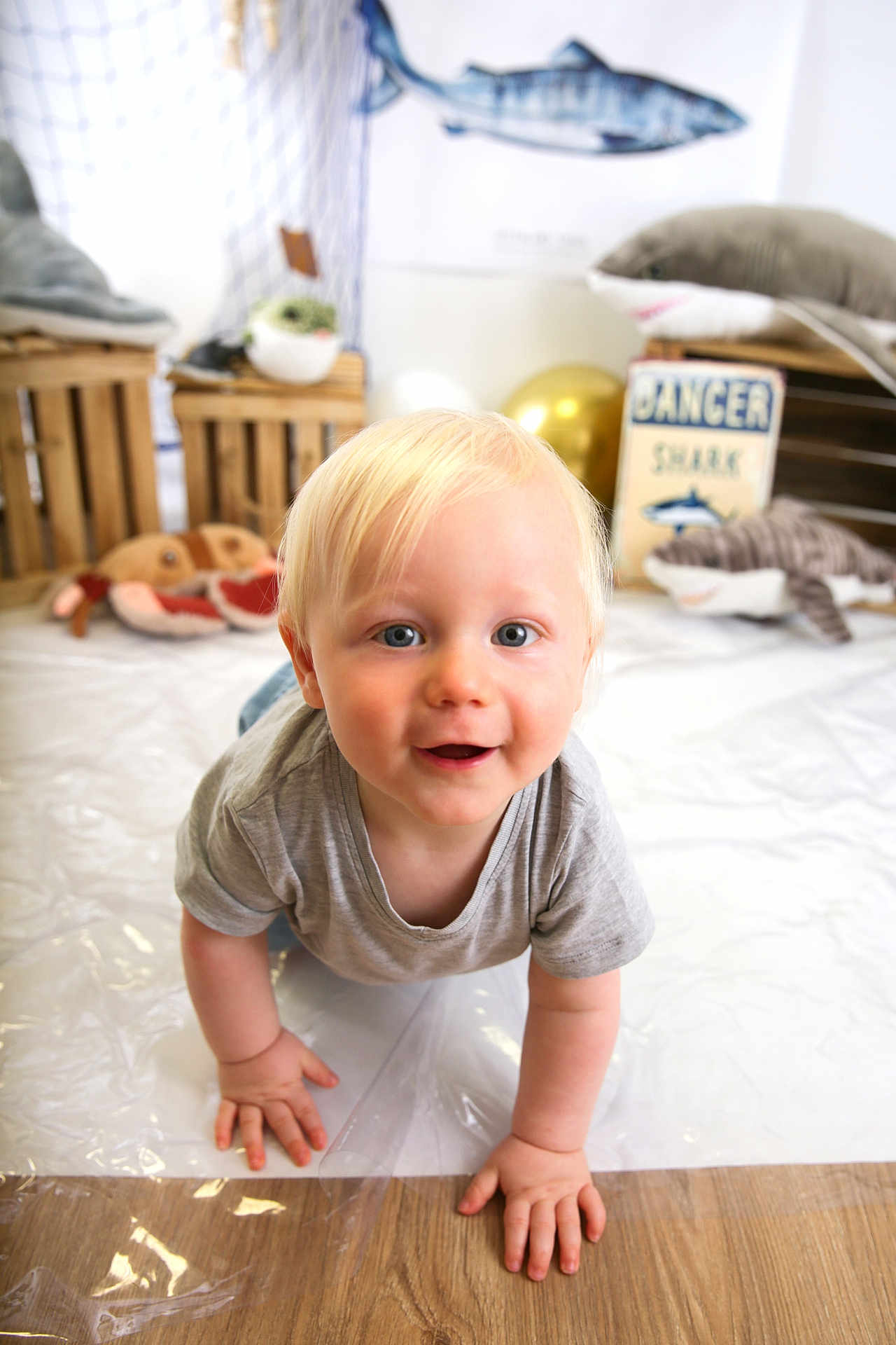 Lucas a rejoint le concours — aidez-le/la à gagner de superbes lots ! toddler, child, blond_hair, crawling, smiling, indoor, plush_toys, shark, wooden_crates, floor_mat, happy, cute, face, person, baby_clothes, blue_eyes, wood_floor, decor, sign, playful