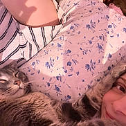 Mao Mao is registered to the contest to win money with this photo: bed, blanket, cat, close_up, cozy, cuddle, floral_pattern, fur, indoor, nose_ring, paw, person, pet, pillow, relaxed, selfie, sleeping_cat, smile, striped_shirt, whiskers