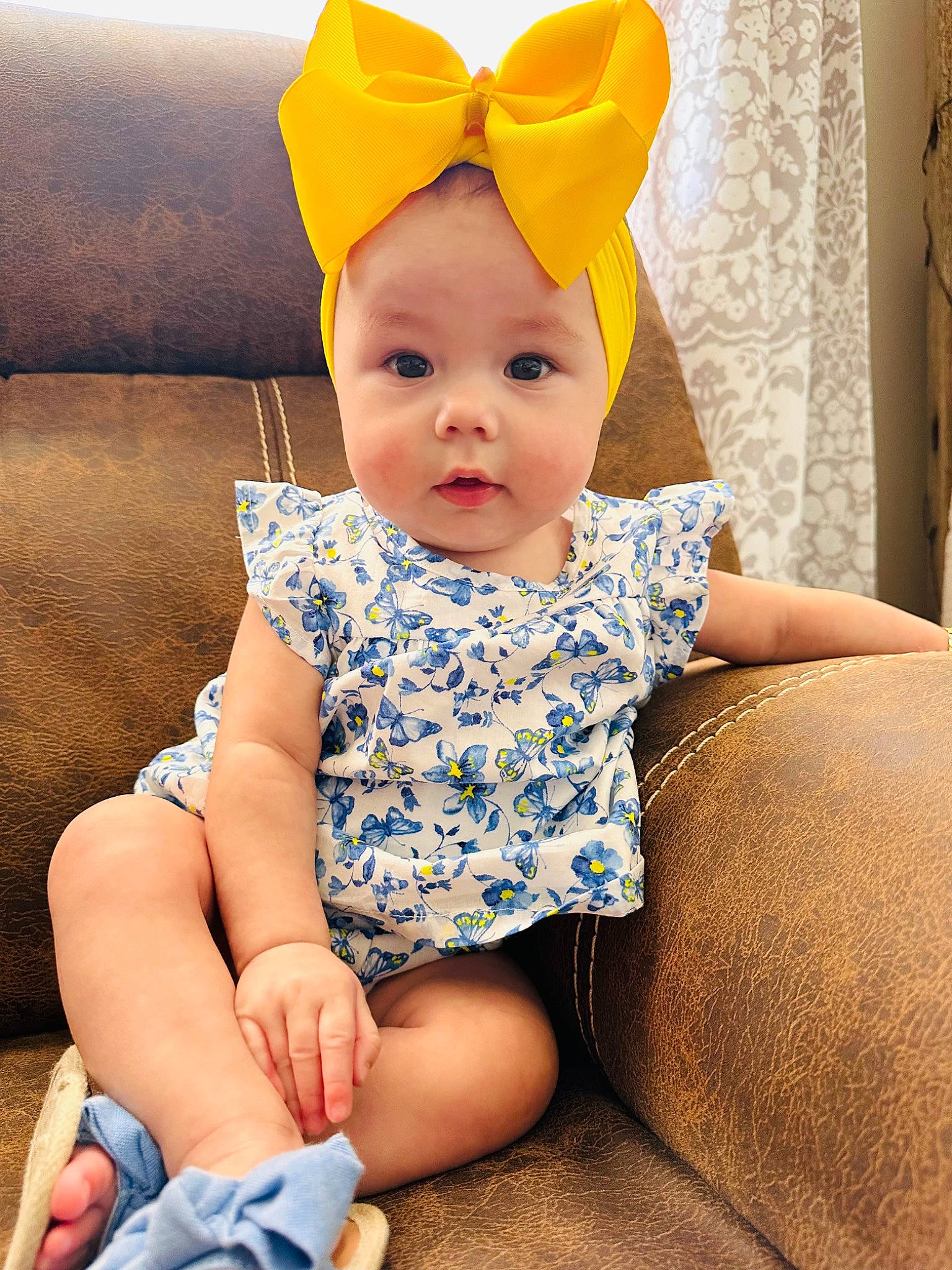 Catalina joined the competition — help win amazing prizes! baby, baby_toddler_clothing, blue, child, comfort, costume_hat, curtain, electric_blue, eye, fashion_accessory, finger, happy, headwear, human_leg, pattern, person, sitting, skin, sleeve, thigh