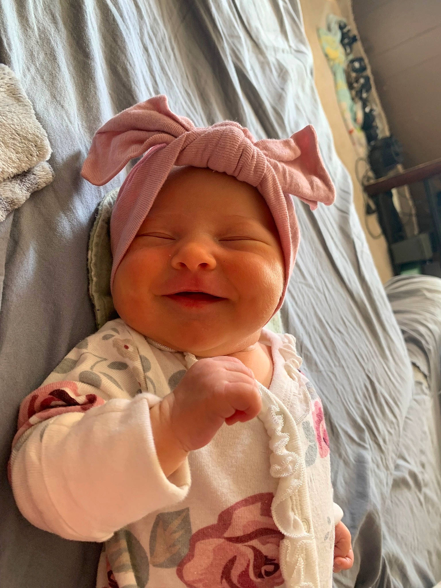 Kynzlie is registered to the contest to win money with this photo: baby, baby_toddler_clothing, cheek, chin, comfort, dress, eye, face, happy, head, headwear, human_body, lip, mouth, nose, person, pink, skin, sleeve, smile