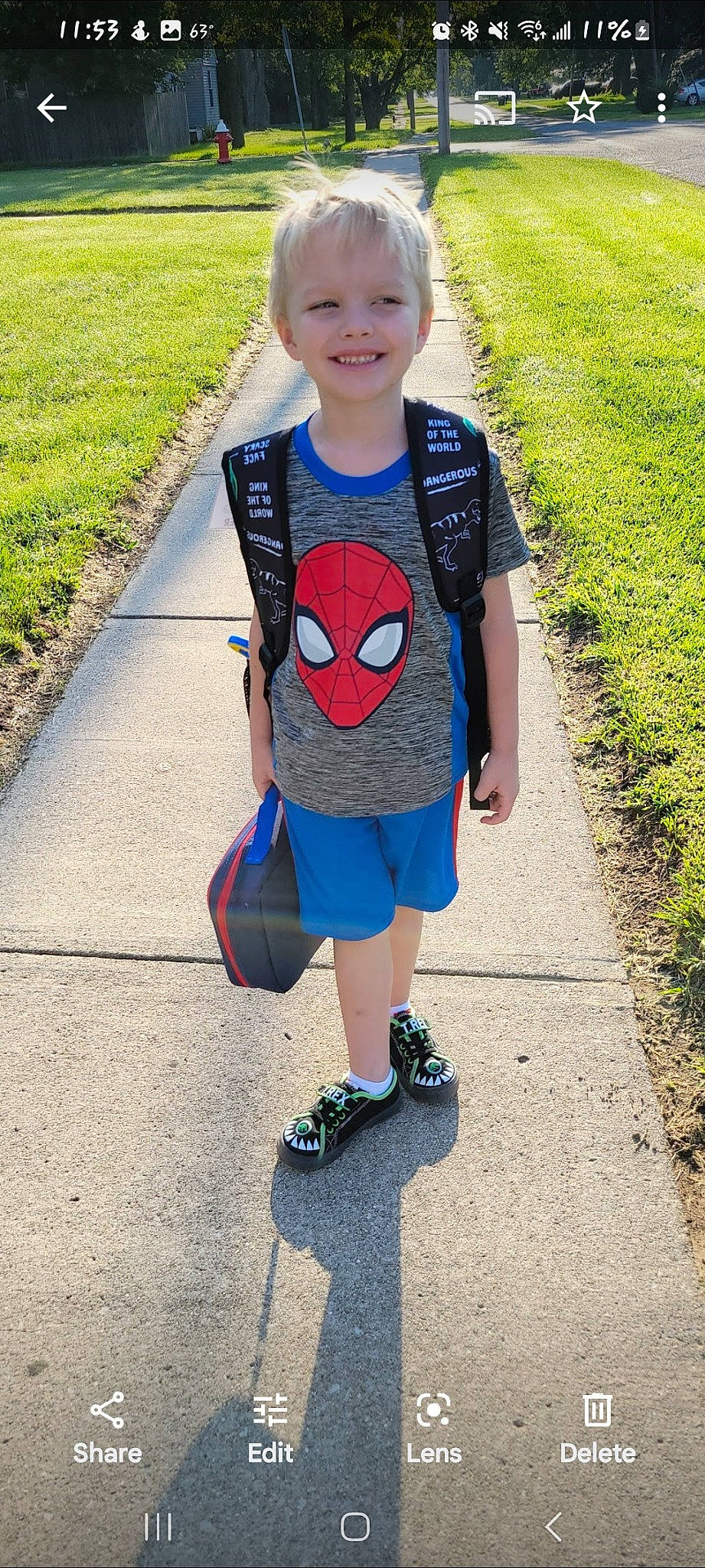 Ronan is registered to the contest to win money with this photo: asphalt, baby_toddler_clothing, blue, dress, electric_blue, eye, face, grass, green, happy, joy, leisure, person, plant, shorts, sleeve, smile, standing, summer, t_shirt