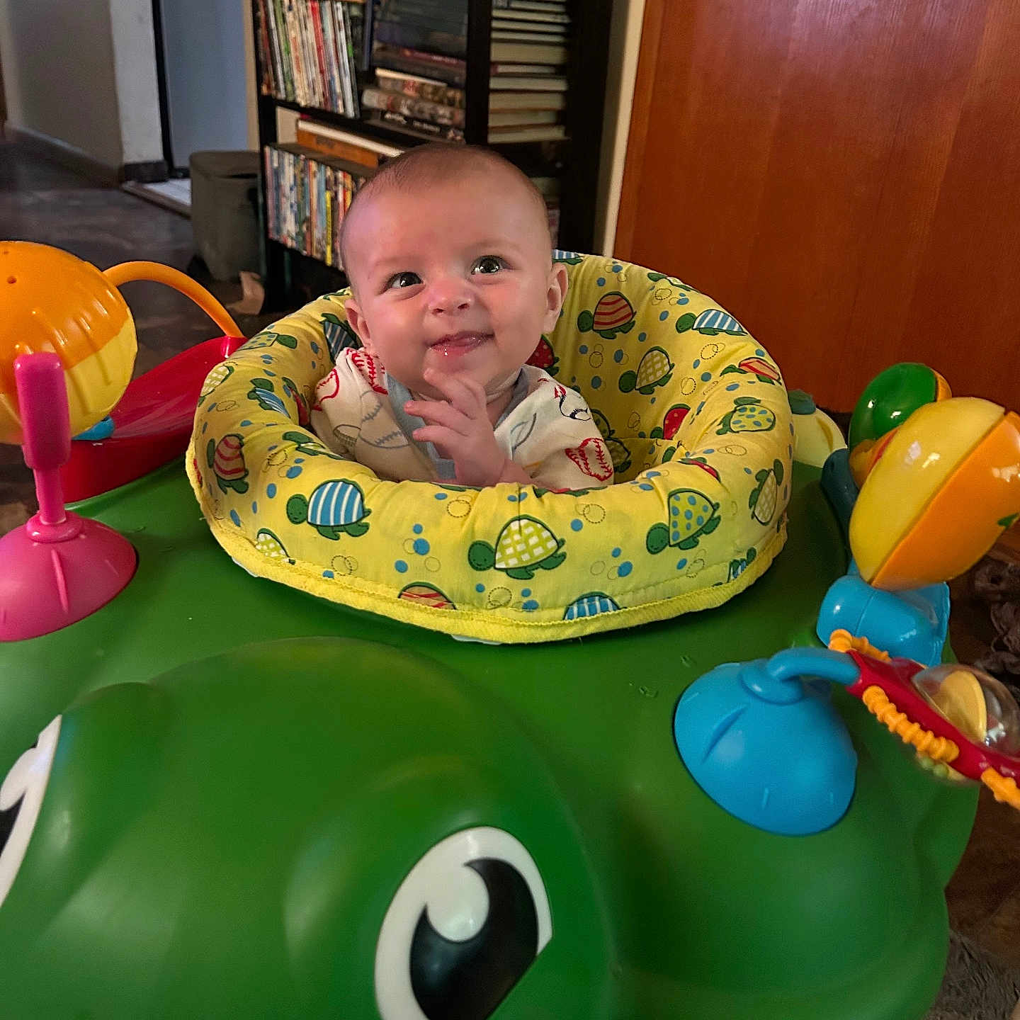 Nikolas is registered to the contest to win money with this photo: baby, child, indoor, toy, activity_center, turtle, colorful, smile, playful, face, furniture, cabinet, bookshelf, clothing, seat, person, happy, floor, head, expression