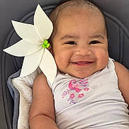 Heiitiragni participe au concours pour gagner de l'argent avec cette photo : baby, smiling, white_flower, tank_top, pink_bird, flower_print, cushion, happy, infant, child, portrait, close_up, skin, head, arm, baby_clothes, cute, indoors, relaxed, seated