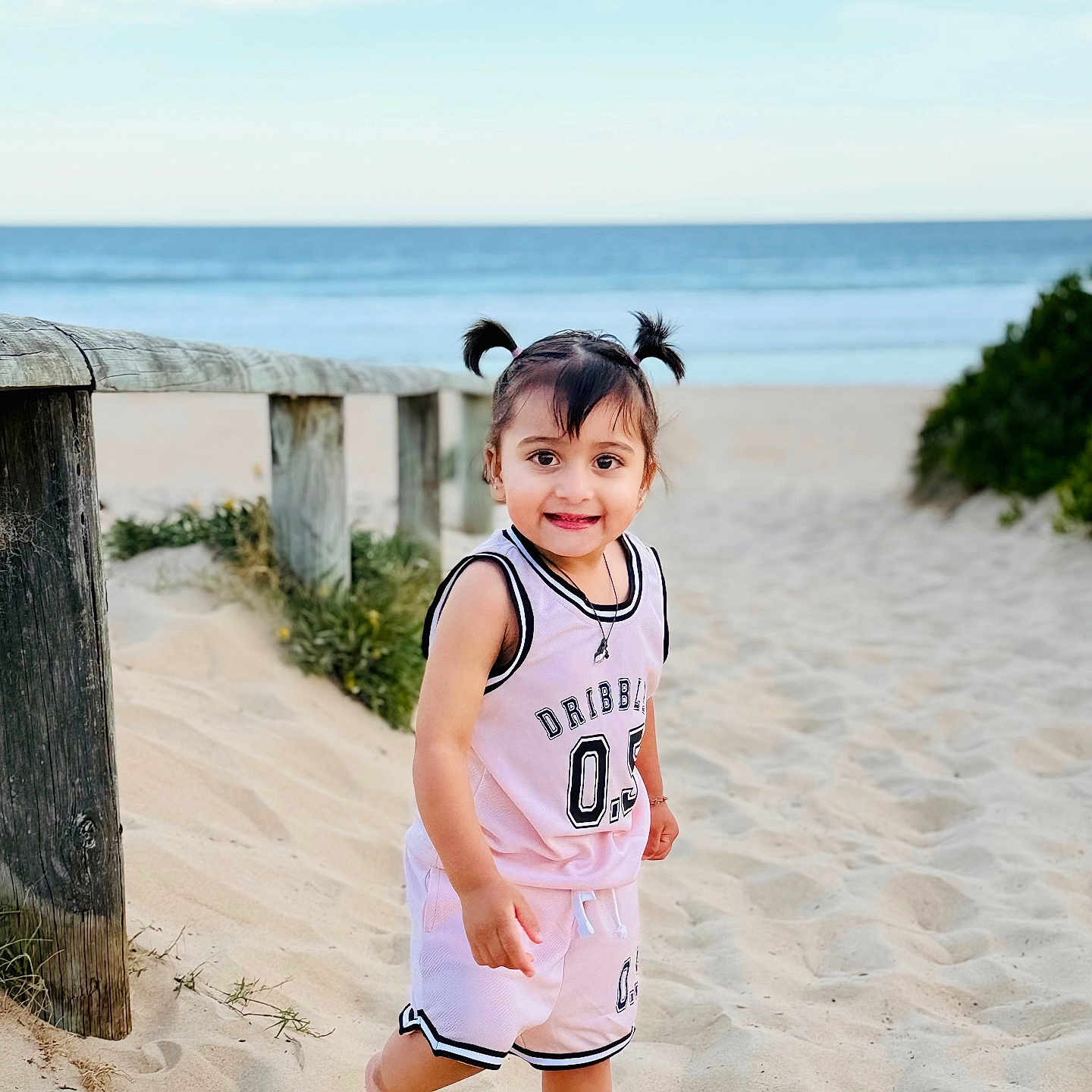 Yamini is registered to the contest to win money with this photo: barefoot, beach, child, daylight, happy, nature, ocean, outdoor, pigtails, pink_outfit, playful, portrait, sand, sky, smile, sporty_clothing, summer, toddler, wooden_fence, young_child