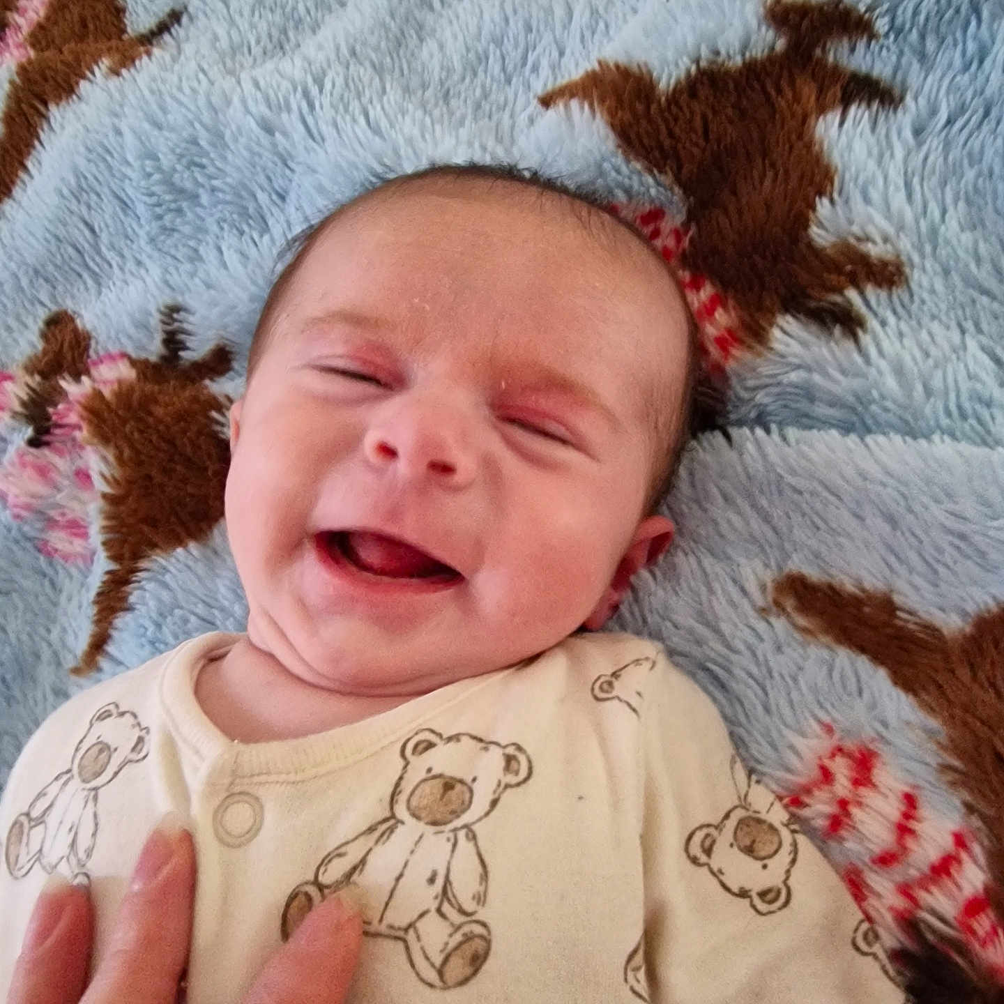 Storm is registered to the contest to win money with this photo: baby, bed, blanket, bodypart, cushion, face, finger, furniture, hand, happy, head, homedecor, laughing, newborn, person, photography, portrait, quilt, sleeping, smile