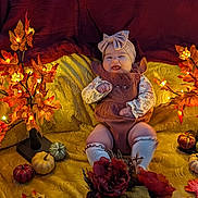 Melanie is registered to the contest to win money with this photo: baby, infant, child, smiling, sitting, portrait, autumn, fall, leaves, pumpkins, gourds, couch, blanket, bow, hat, outdoor_decor, fairy_lights, warm_lighting, seasonal_decor, photography