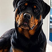 Mirko a rejoint le concours — aidez-le/la à gagner de superbes lots ! dog, rottweiler, pet, canine, portrait, sitting, indoors, bed, black_and_tan, short_hair, floppy_ears, brown_eyes, nose, paws, fur, serious_expression, home, window, natural_light, close_up