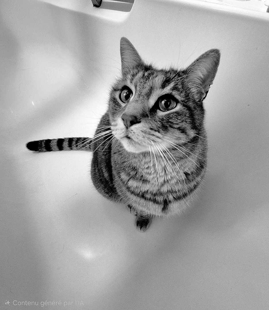 Moustache a rejoint le concours — aidez-le/la à gagner de superbes lots ! animal, bathtub, black_and_white, cat, closeup, curious, domestic_cat, ears, feline, fur, indoor, looking_up, pet, portrait, sitting, stripes, tabby_cat, tail, whiskers, wide_eyes