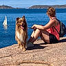 Ruben a rejoint le concours — aidez-le/la à gagner de superbes lots ! woman, dog, rock, sea, sailboat, blue_sky, sunlight, outdoor, nature, water, pet, animal, backpack, summer, relaxing, hiking, shore, landscape, casual_clothing, leisure