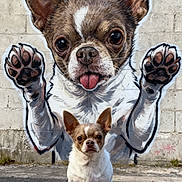 Nouchka participe au concours pour gagner de l'argent avec cette photo : dog, chihuahua, mural, street_art, wall_painting, animal, pet, outdoor, cute, small_dog, tongue_out, paws, brick_wall, sidewalk, urban, art, portrait, funny, colorful, animal_portrait