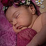 baby, blanket, closeup, cute, decor, face, flower, hand, headband, infant, newborn, peaceful, pink, portrait, purple, resting, skin, sleeping, soft_texture, wooden_flower