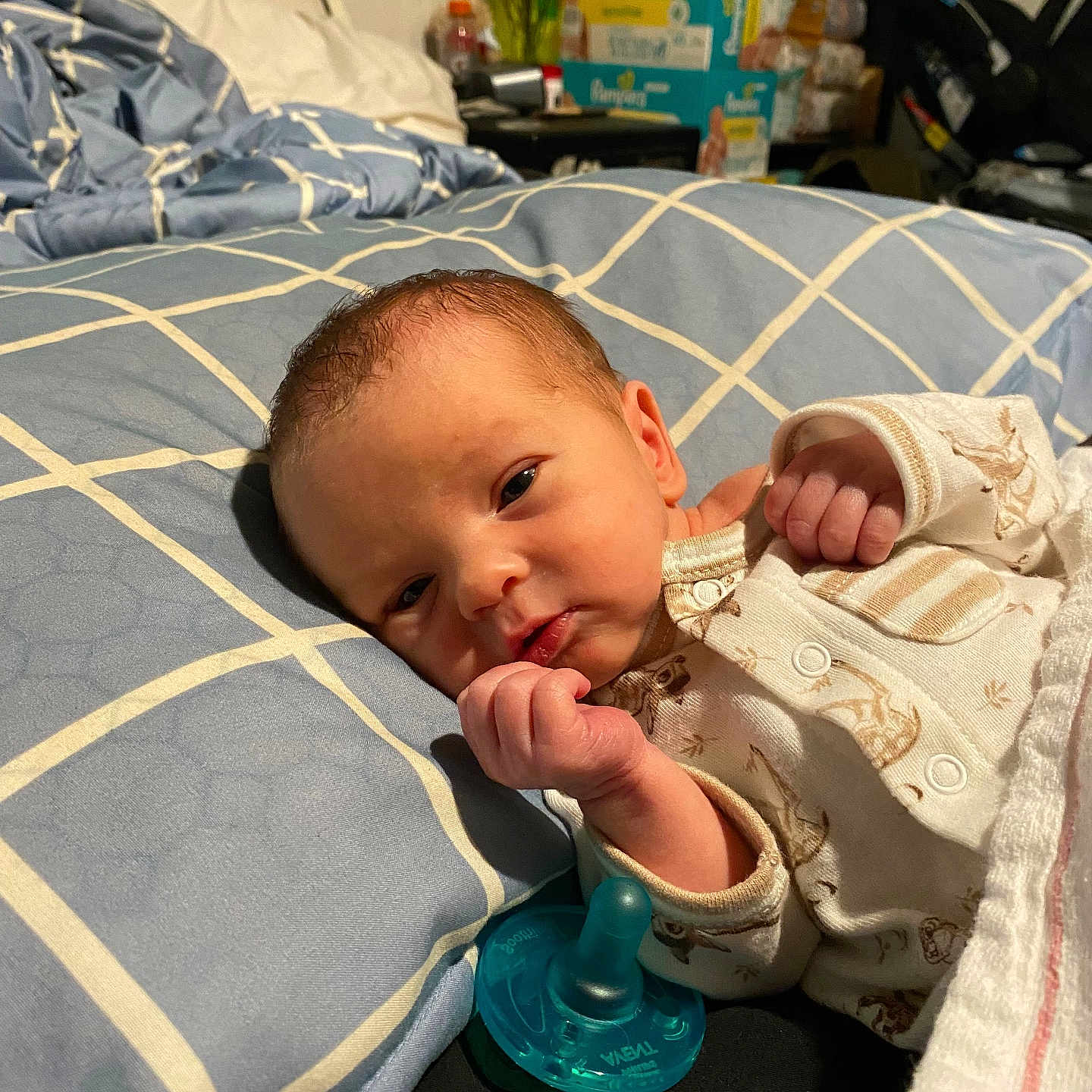 Kolter is registered to the contest to win money with this photo: baby, bed, bedroom, blanket, bodypart, box, cutlery, face, finger, furniture, hand, head, homedecor, indoors, person, photography, portrait, quilt, room, spoon