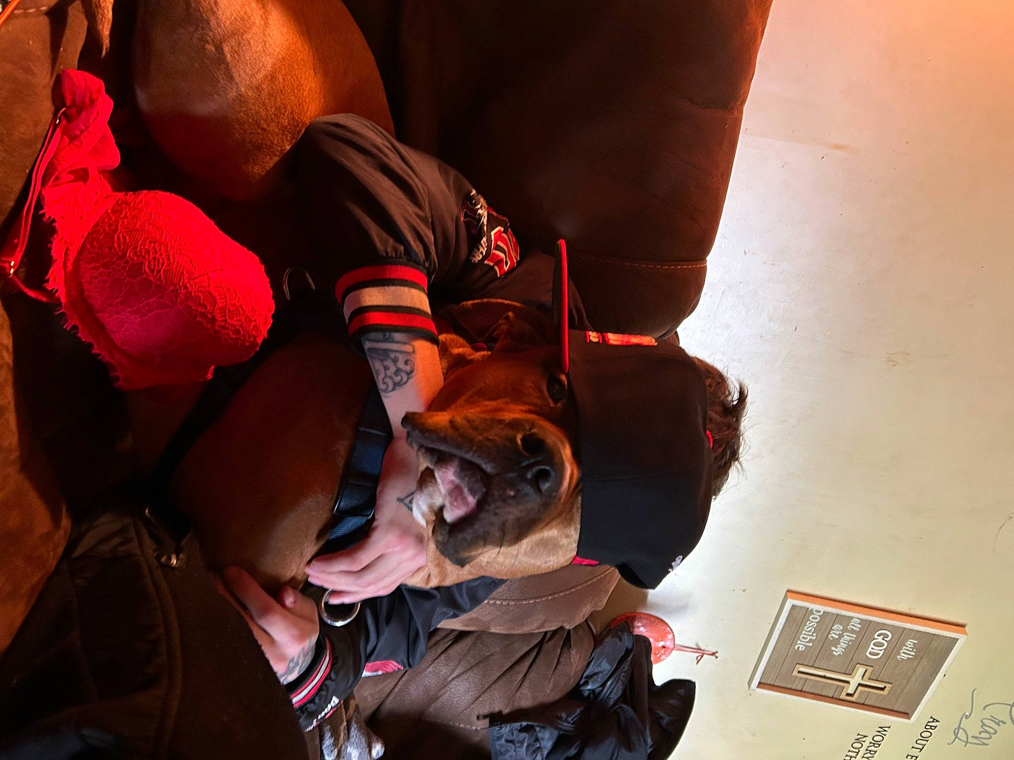 Mateo is registered to the contest to win money with this photo: carmine, child, comfort, elbow, event, eyewear, flesh, fun, human_leg, interaction, magenta, room, sitting, thigh, wrist