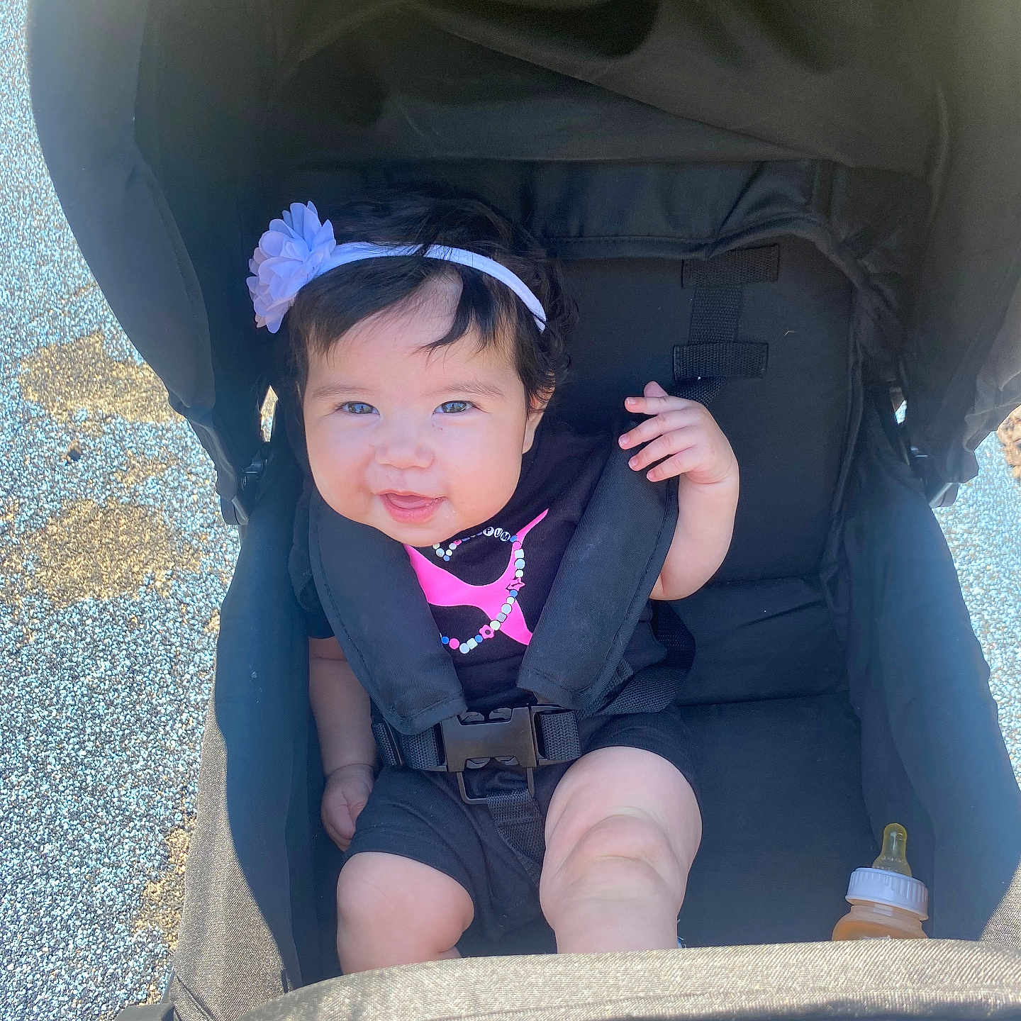 Violet joined the competition — help win amazing prizes! baby, stroller, child, smiling, headband, flower, baby_bottle, black_clothing, outdoor, sunlight, happy, infant, seatbelt, baby_girl, person, cute, portrait, baby_face, sitting, playground_surface