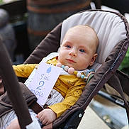 Timao a rejoint le concours — aidez-le/la à gagner de superbes lots ! baby, stroller, infant, child, portrait, face, blue_eyes, beads, clothing, yellow_shirt, outdoor, plant, flower, card, sitting, cute, young_child, relaxed, person, closeup
