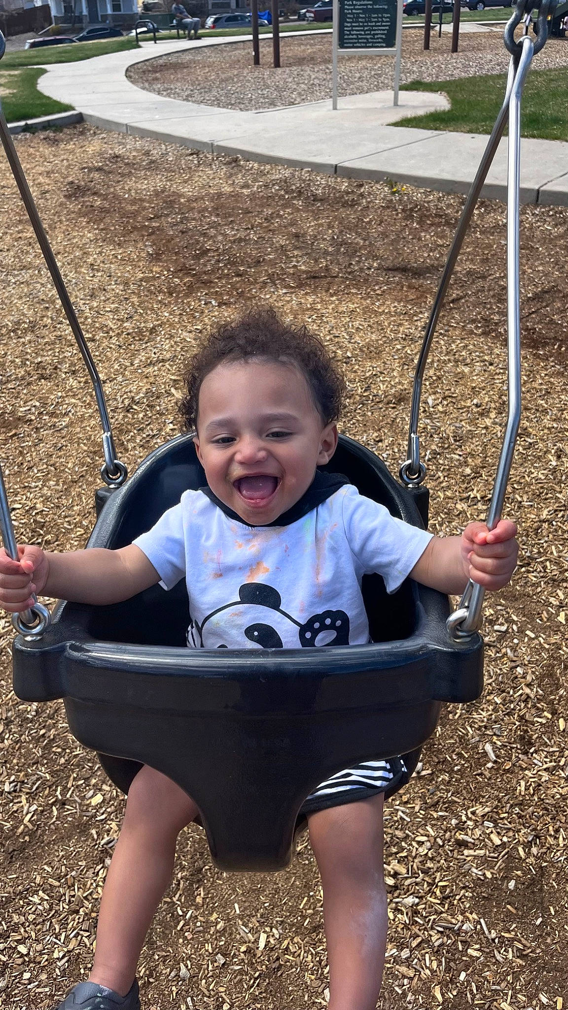 Ezra is registered to the contest to win money with this photo: baby, child, facial_expression, fun, grass, happy, leisure, organ, people, people_in_nature, person, photograph, plant, product, skin, smile, standing, summer, swing, toddler