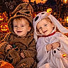 children, toddlers, halloween, costumes, scarecrow, ghost, pumpkins, pumpkin_patch, smiling, portrait, siblings, outdoor, autumn, hay, lanterns, full_moon, spooky, jack_o_lantern, costume_hat, cute
