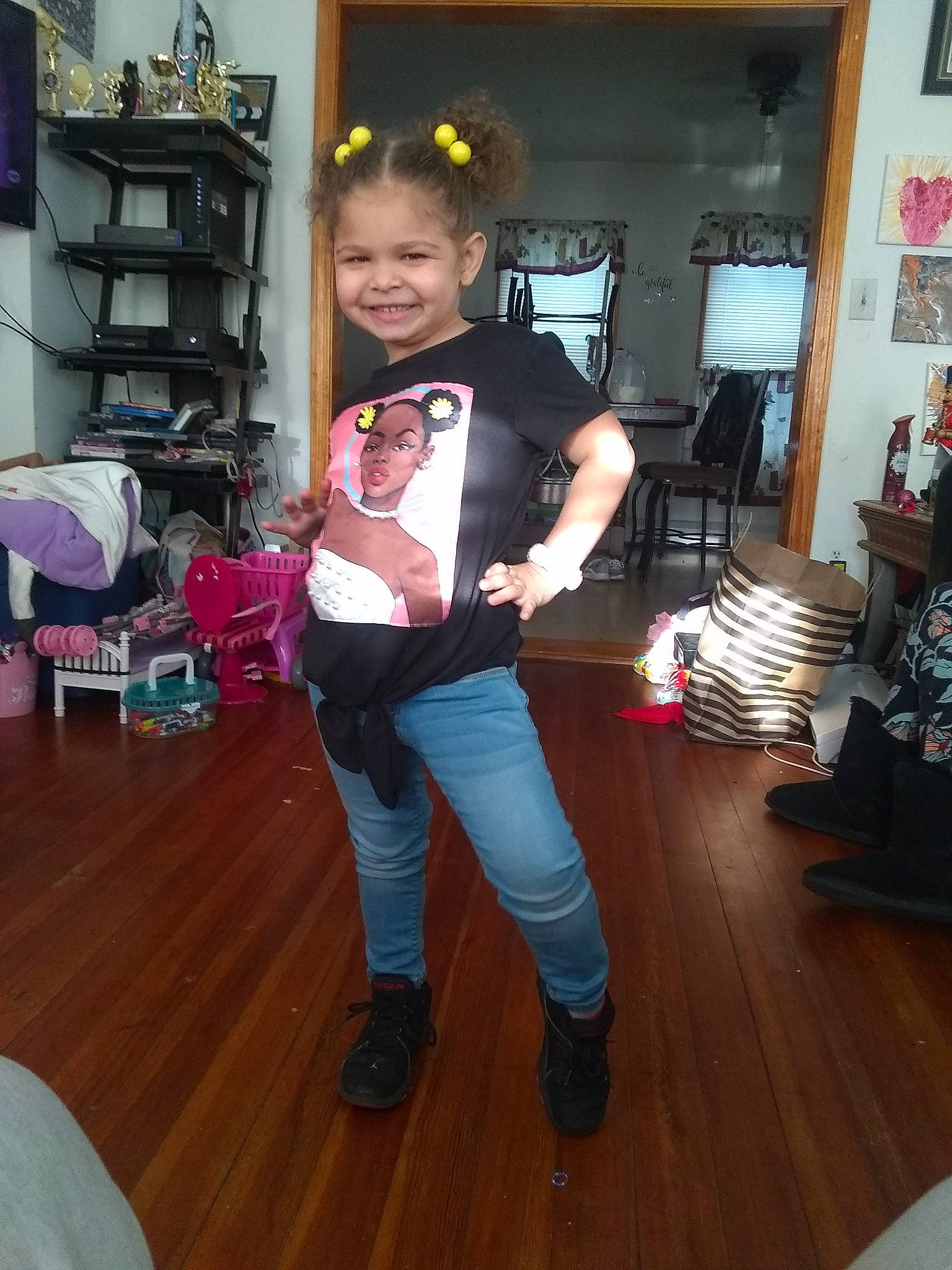 Miyah is registered to the contest to win money with this photo: floor, flooring, footwear, fun, hardwood, joy, person, shoe, shoulder, standing