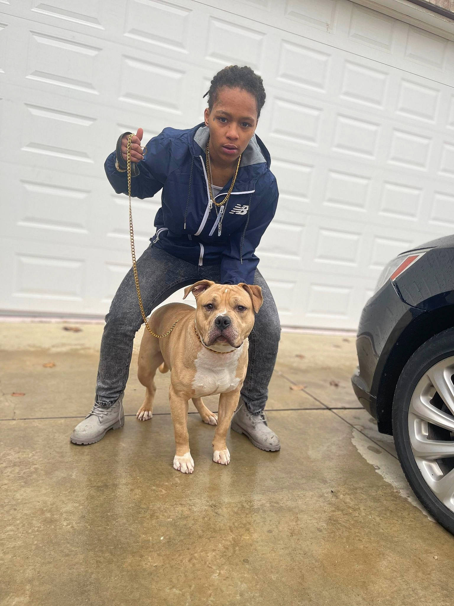 Gates is registered to the contest to win money with this photo: automotive_lighting, automotive_tire, carnivore, collar, companion_dog, dog, dog_breed, fawn, fender, flooring, hubcap, leash, personal_luxury_car, sidewalk, snout, sporting_group, tire, vehicle, vehicle_door, wheel