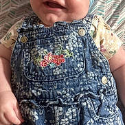 Zonasue joined the competition — help win amazing prizes! baby, smiling, head_wrap, denim, overalls, floral_pattern, infant, cute, happy, child, portrait, clothing, baby_girl, fabric, person, sitting, casual, indoor, pattern, background