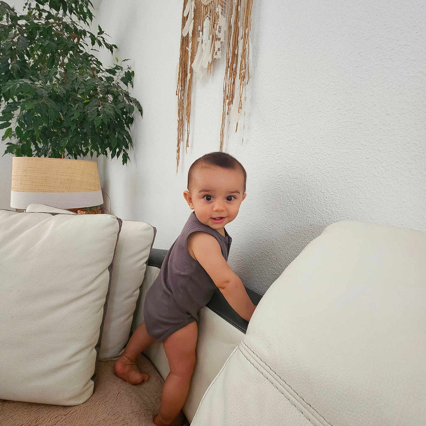 Seiji participe au concours pour gagner de l'argent avec cette photo : baby, carpet, child, clothing, couch, curious, cute, dreamcatcher, furniture, happy, home_decor, indoor, lamp, person, plant, portrait, smiling, standing, wall, white_leather