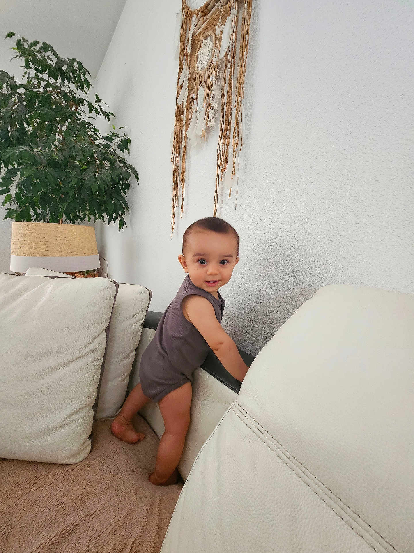 Seiji participe au concours pour gagner de l'argent avec cette photo : baby, child, indoor, curious, smiling, standing, carpet, couch, white_leather, plant, lamp, dreamcatcher, wall, home_decor, furniture, person, clothing, portrait, cute, happy