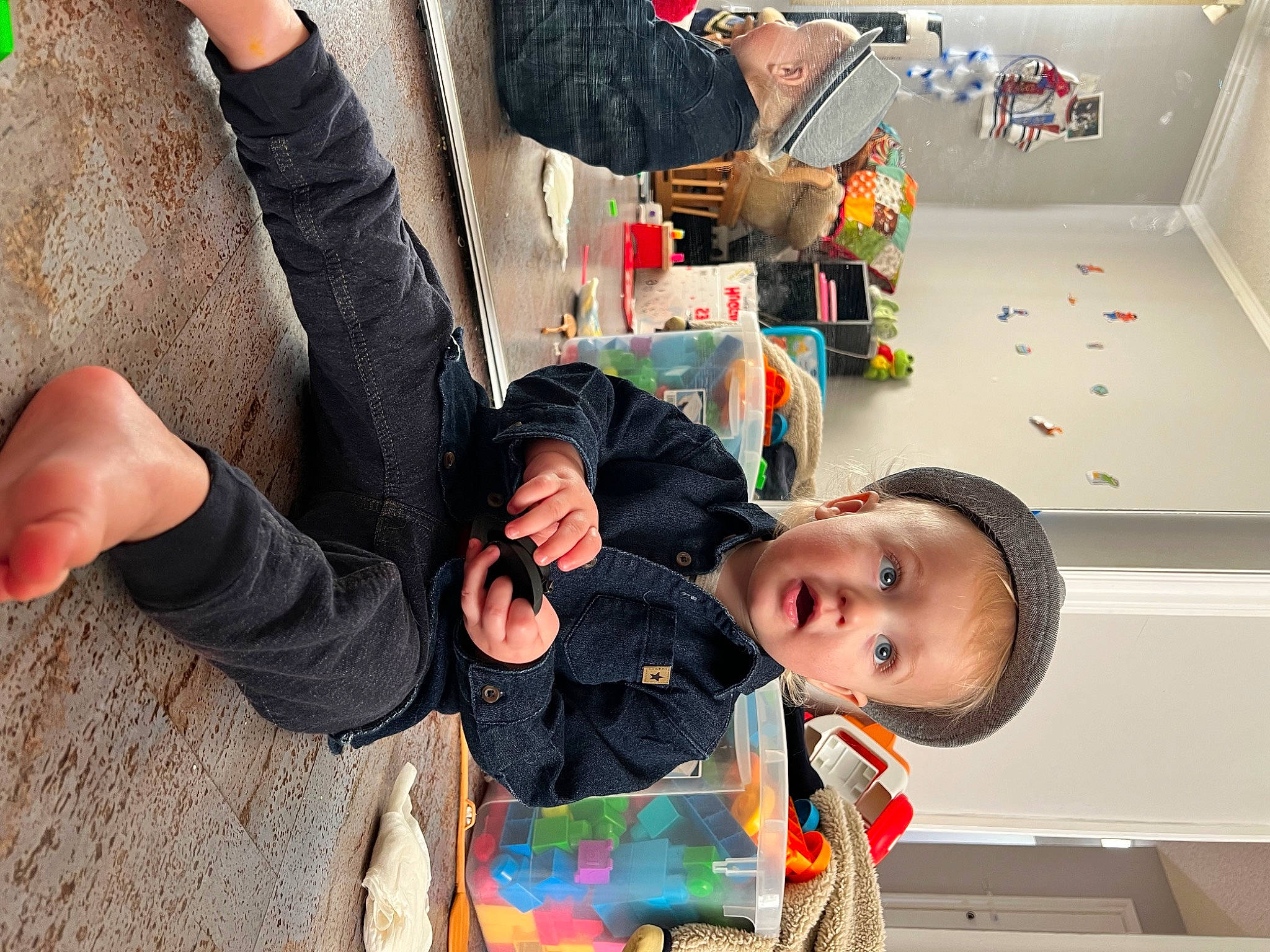 Stanton joined the competition — help win amazing prizes! baby, baby_products, baby_toddler_clothing, child, clothing, fun, gesture, happy, leisure, person, photograph, photography, play, room, sitting, snapshot, suit, surprise, toddler, toy