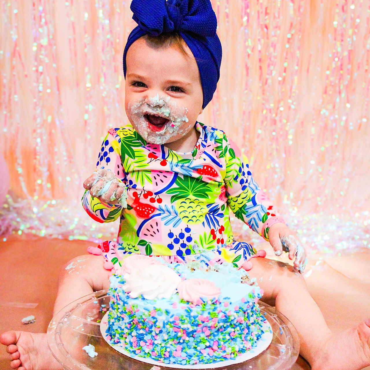 Carter is registered to the contest to win money with this photo: baby, birthdaycake, cake, clothing, cream, cupcake, dessert, dress, face, food, happy, hat, head, icing, people, person, photography, portrait, purple, sitting