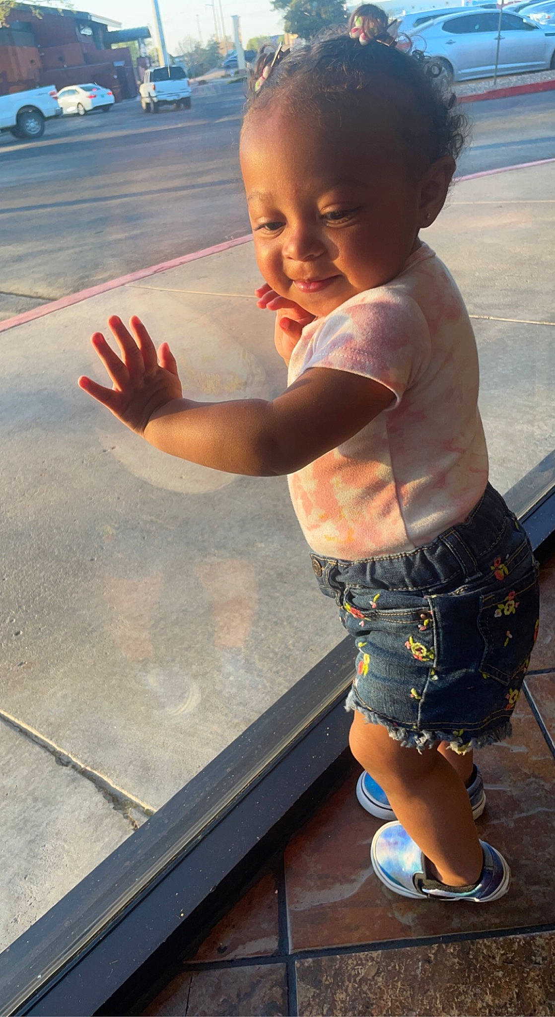 Layla joined the competition — help win amazing prizes! car, finger, gesture, hairstyle, hand, happy, head, leg, person, photograph, shorts, skin, smile, standing, summer, thumb, tire, toddler, trunks, vehicle