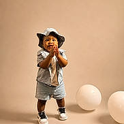 Nazair joined the competition — help win amazing prizes! toddler, child, denim_shorts, denim_shirt, bucket_hat, clapping, balloons, studio, beige_background, sneakers, standing, happy, cute, portrait, indoor, fashion, smiling, person, footwear, playful