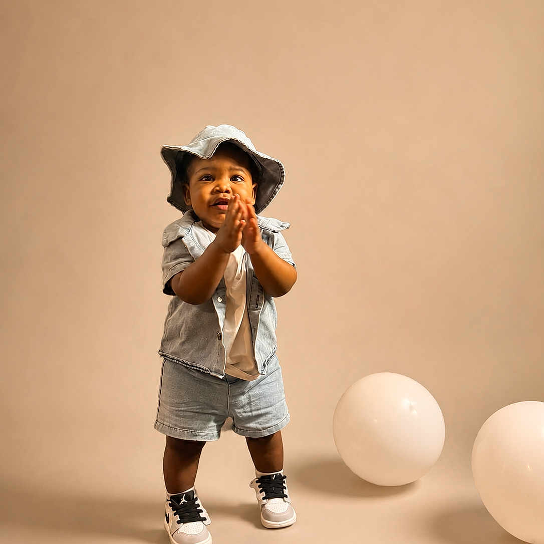 Nazair joined the competition — help win amazing prizes! toddler, child, denim_shorts, denim_shirt, bucket_hat, clapping, balloons, studio, beige_background, sneakers, standing, happy, cute, portrait, indoor, fashion, smiling, person, footwear, playful