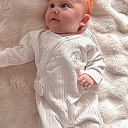 Felicity joined the competition — help win amazing prizes! baby, infant, red_hair, white_onesie, blanket, soft_texture, lying_down, cute, child, portrait, face, skin, hand, foot, sleepwear, cozy, innocence, looking_up, comfort, young