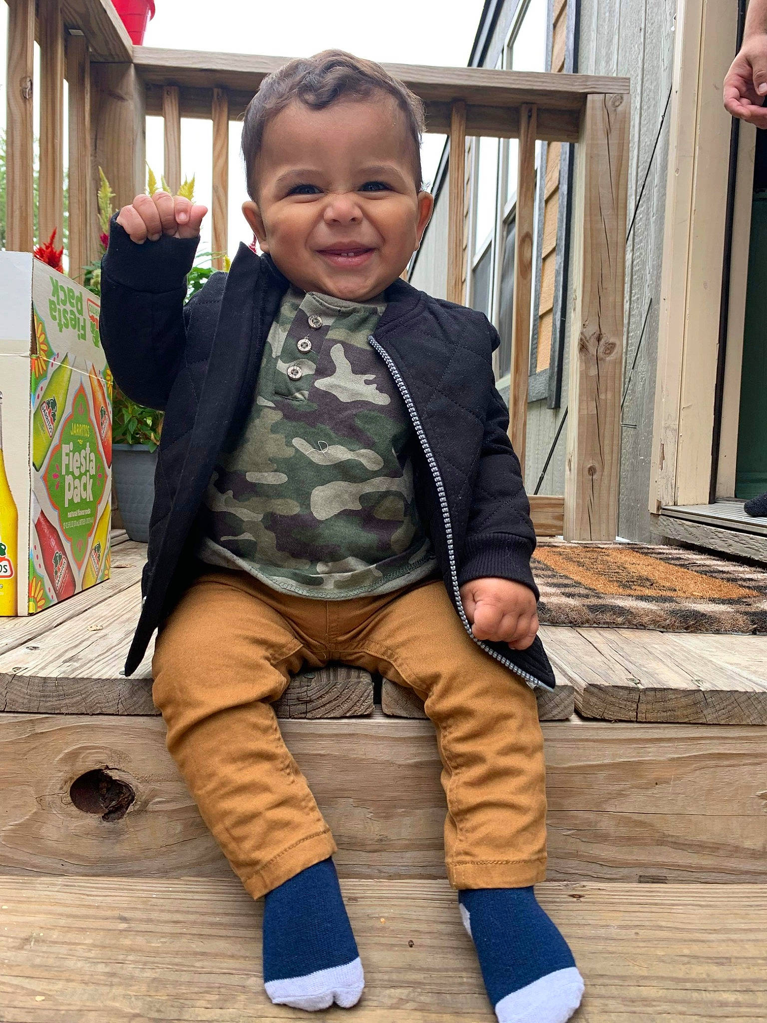 Mateo joined the competition — help win amazing prizes! baby, baby_toddler_clothing, blazer, child, denim, flooring, formal_wear, fun, fur, happy, human_leg, knee, leisure, pattern, person, sitting, sleeve, smile, thigh, toddler