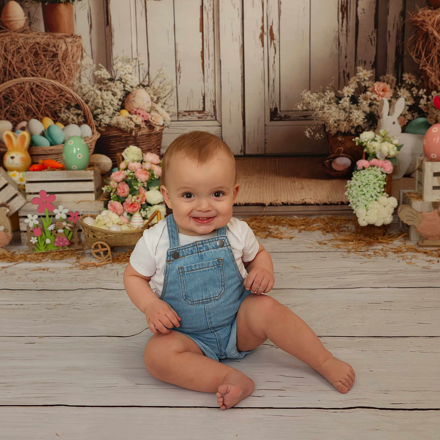 Malone participe au concours pour gagner de l'argent avec cette photo : baby, basket, child, cute, decorations, denim_overalls, door, easter, eggs, flowers, happy, holiday, indoors, plush_toys, portrait, rustic, sitting, smiling, spring, wooden_floor