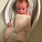 Kasen is registered to the contest to win money with this photo: baby, infant, bath, towel, white, water_droplets, plastic, bathroom, skin, wet_hair, child, sitting, cute, portrait, expression, newborn, wrapped, small, indoor, person