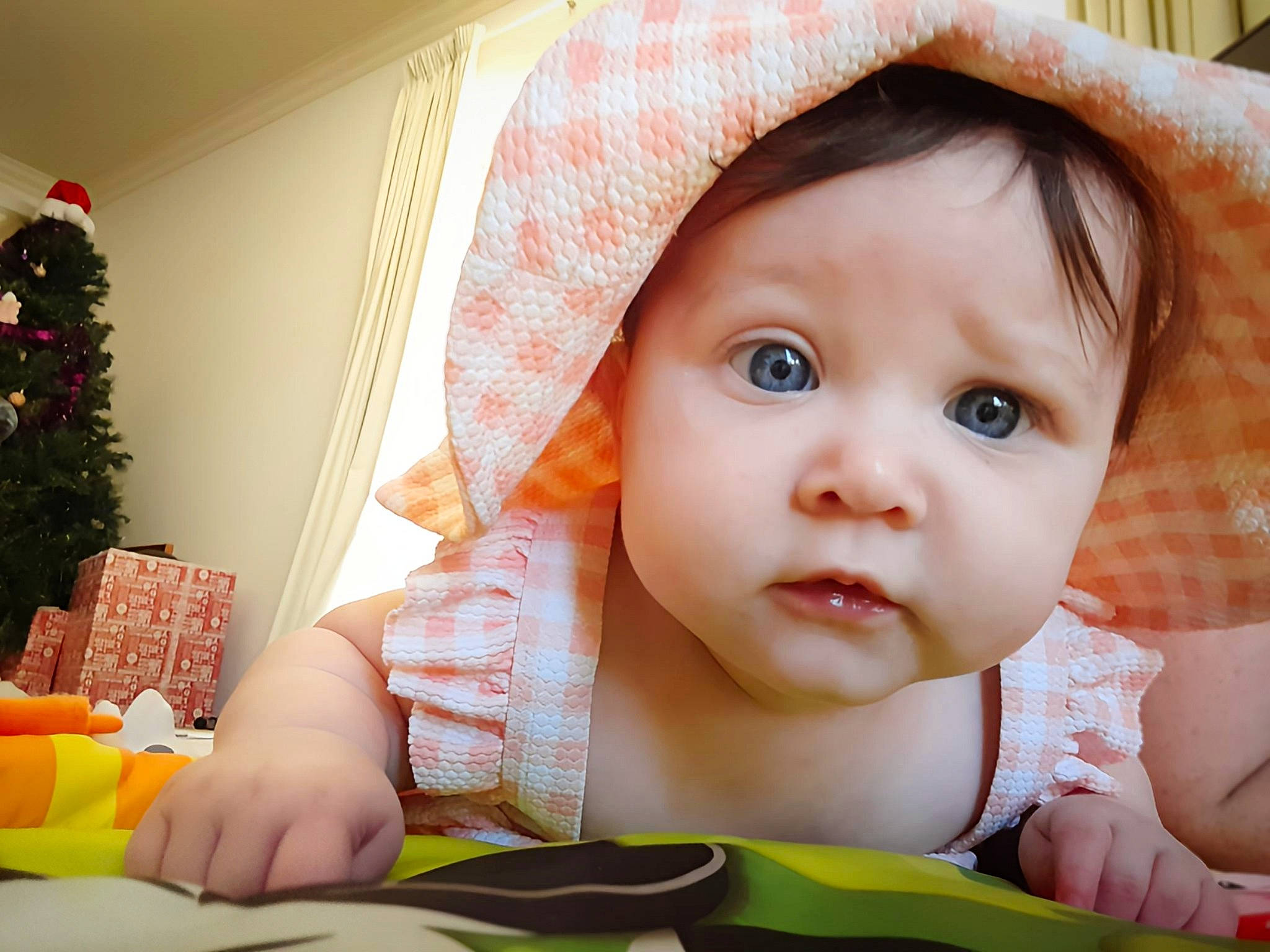 Harper joined the competition — help win amazing prizes! baby, baby_safety, baby_toddler_clothing, cheek, child, christmas_tree, eye, eyebrow, eyelash, fedora, happy, hat, iris, lip, nose, person, skin, smile, sun_hat, sweetness