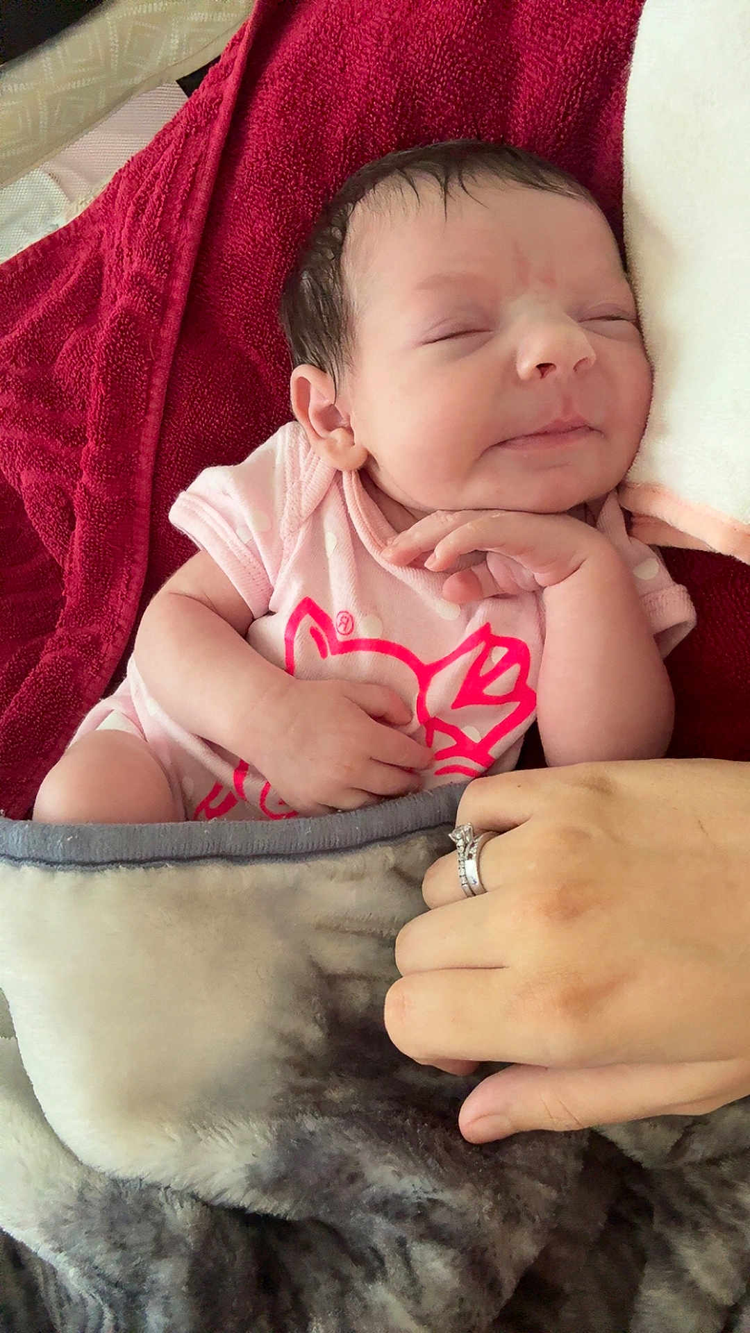 Remington joined the competition — help win amazing prizes! baby, newborn, sleeping, blanket, hand, ring, soft, cozy, toddler, pink_clothing, bed, rest, peaceful, infant, portrait, human, skin, cute, relax, child