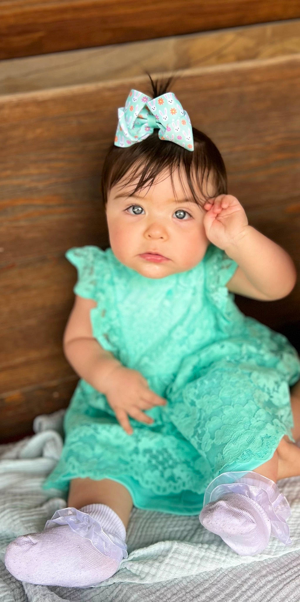Addison is registered to the contest to win money with this photo: aqua, baby, baby_toddler_clothing, cheek, child, dress, eye, fashion_accessory, finger, green, happy, head, iris, pattern, person, pink, skin, sleeve, textile, toddler