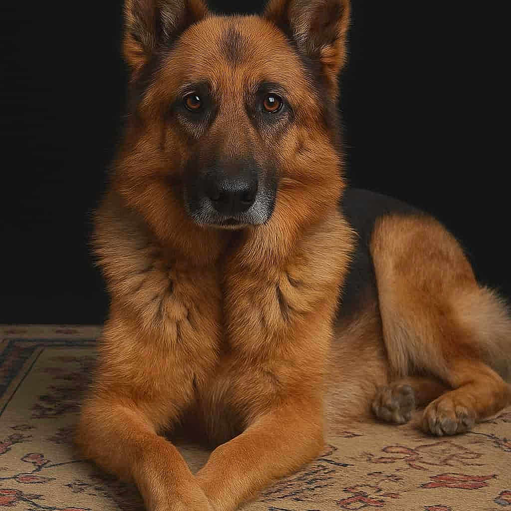 Mertz participe au concours pour gagner de l'argent avec cette photo : animal, black, brown, calm, canine, carpet, dog, domestic_animal, ears, fur, german_shepherd, indoor, looking_at_camera, lying_down, mammal, paws, pet, portrait, quiet, studio