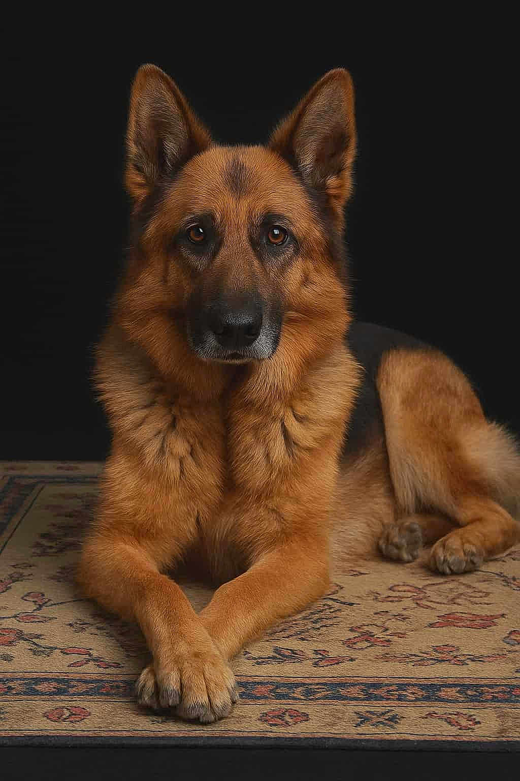 Mertz participe au concours pour gagner de l'argent avec cette photo : dog, german_shepherd, animal, pet, canine, fur, ears, paws, lying_down, portrait, domestic_animal, indoor, carpet, brown, black, looking_at_camera, mammal, quiet, calm, studio