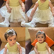 Talya is registered to the contest to win money with this photo: toddler, child, girl, dress, sparkly, white, gold, sitting, couch, orange_pillow, indoors, cute, happy, curious, portrait, baby_shoes, hair_clip, smiling, young_child, comfortable